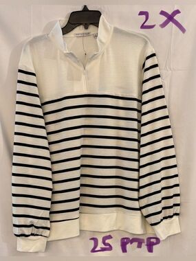 Notations White and Black Striped Half-Zip Pullover